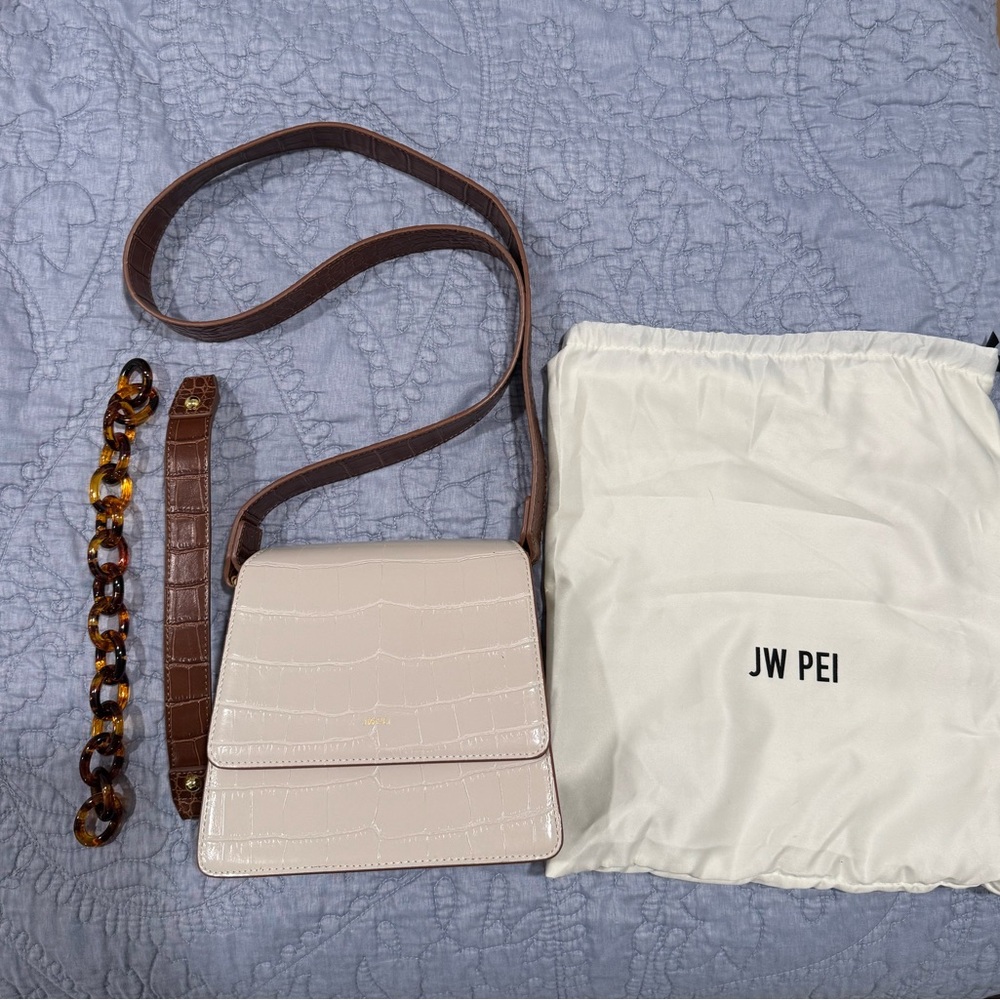 JW PEI Cream Croc-Embossed Crossbody Bag with Brown Strap